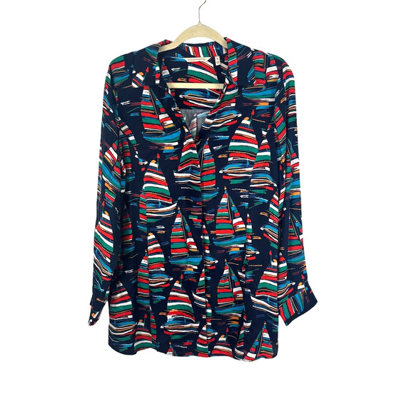 Soft Surroundings Button Front Tunic Top Multicolor Sailboat V Neck Size M Women - Picture 1 of 8
